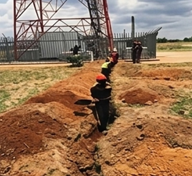 Technicians trenching for optical fibre at a telecom tower site